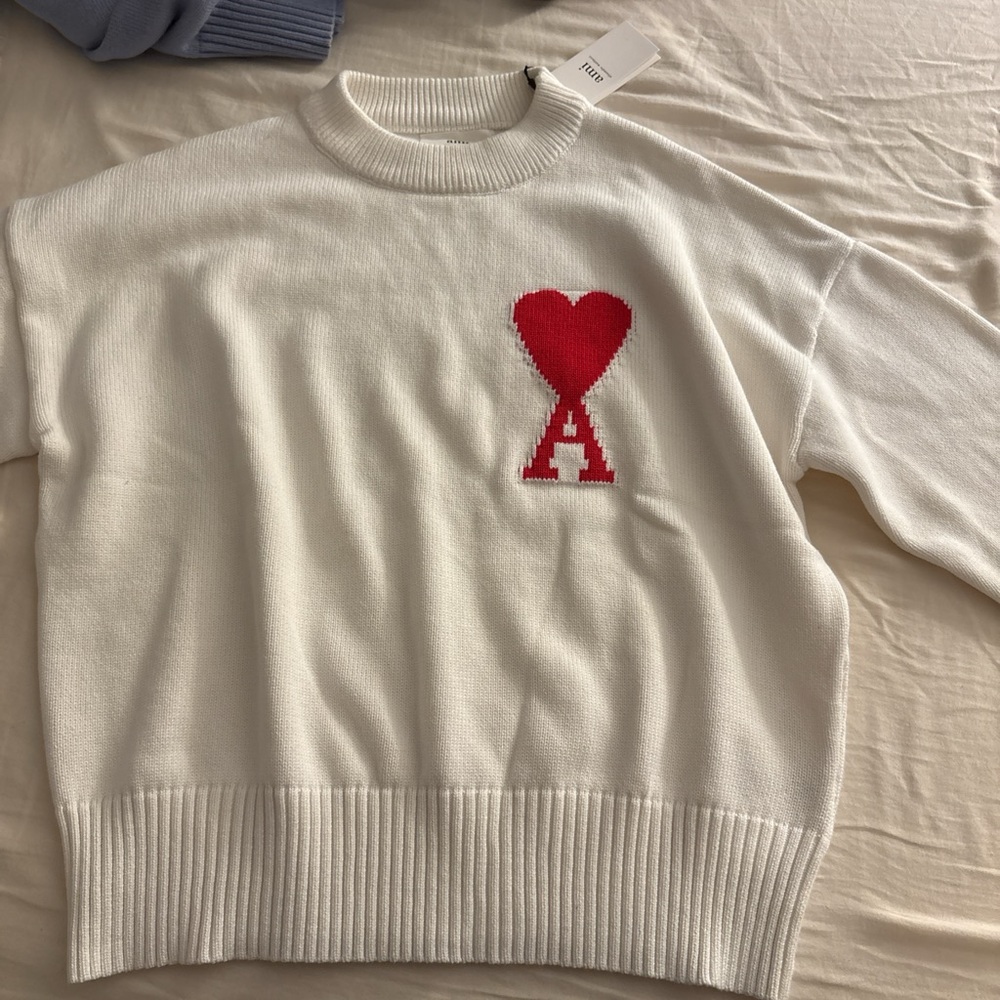 White Sweater with Red Heart Design